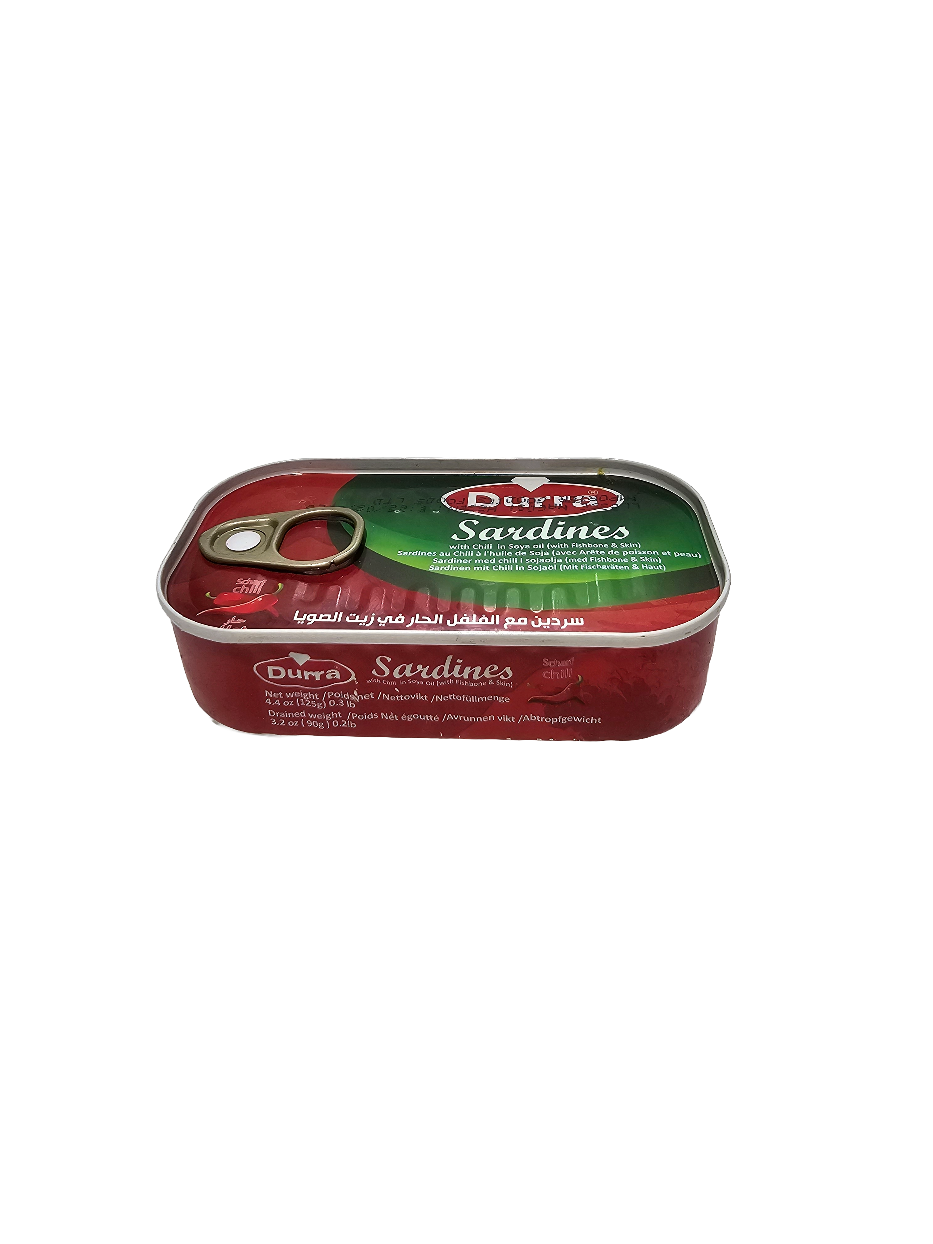 Durra Sardines with Chili in Soya Oil, Bone & Skin, 4.4oz