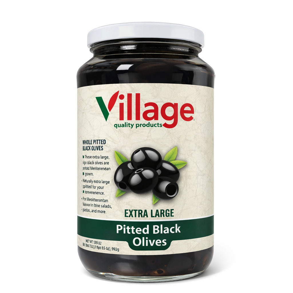 Village Extra Large Pitted Black Olives 907g