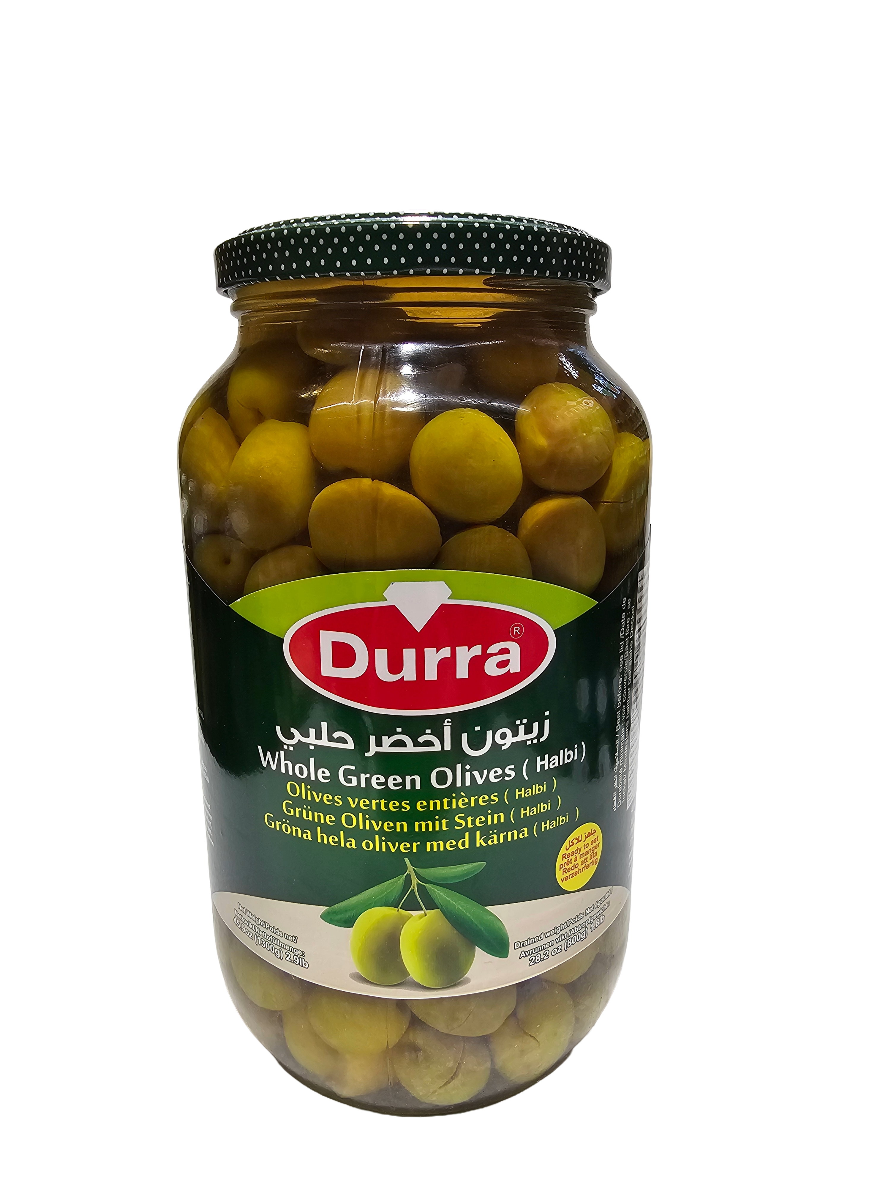Durra Whole Green Olives Halabi 1300g Jar